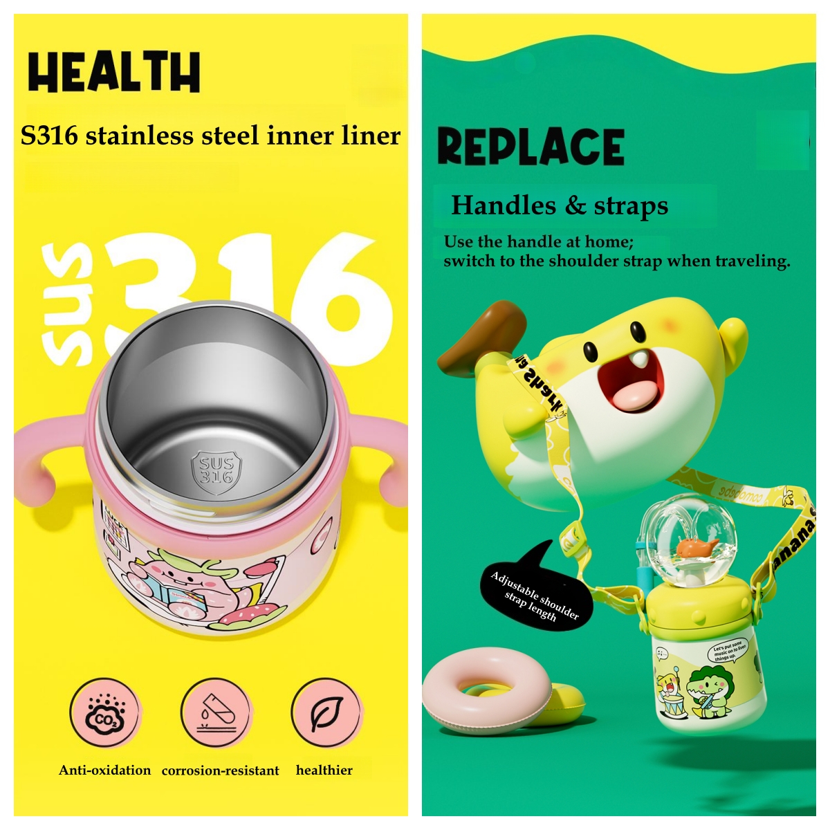 ST SoleMe.Tc Stainless Steel Whale Fountain Tumbler Sippy Cup with Straw, 11oz/330ml 360 Squirting, Spill Proof Weighted Water Bottle with Handles Adjustable Strap for Toddlers, Pink