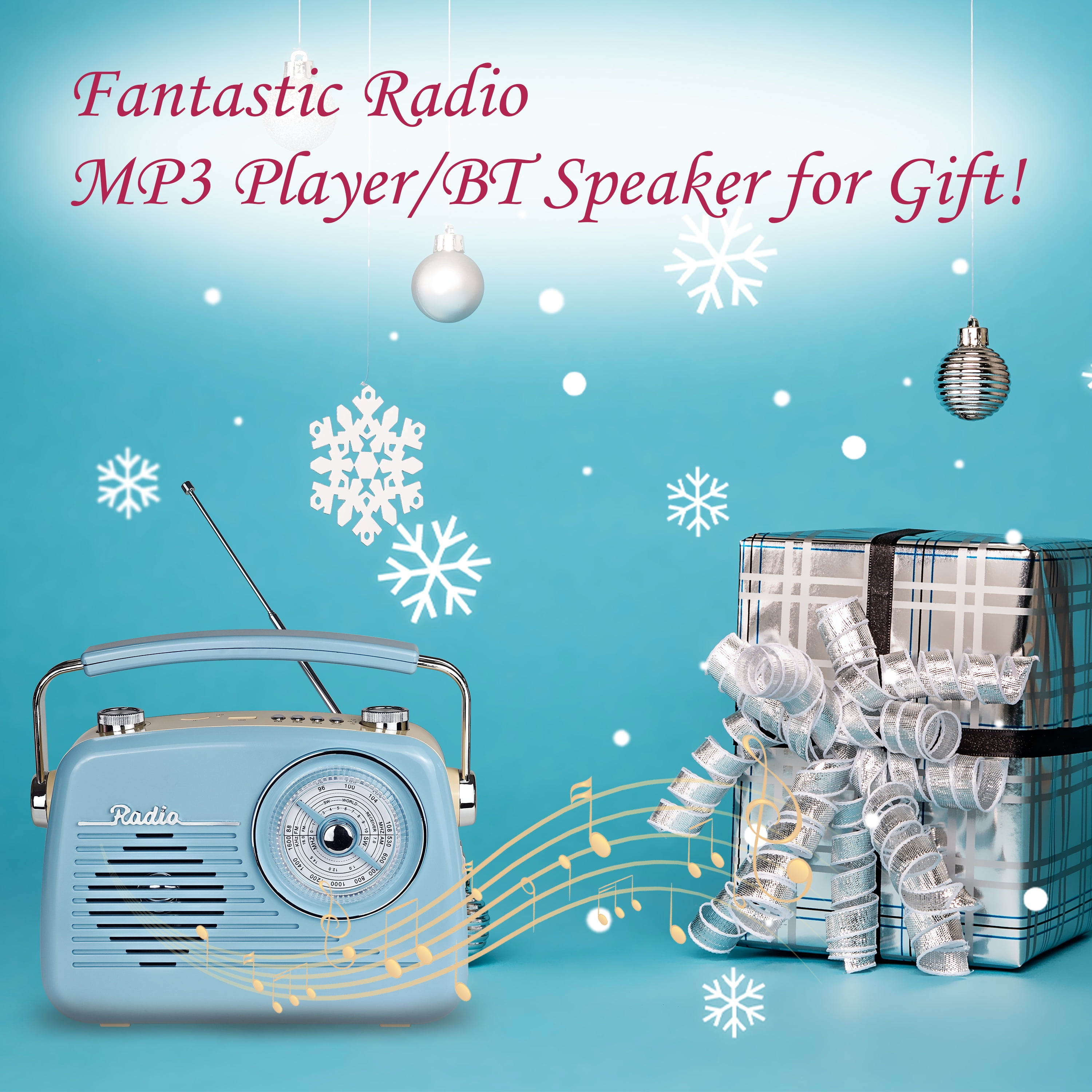 Portable AM FM Shortwave Vintage Radio Multifunctional Bluetooth Speaker 4 Power Options 5W Speaker TWS Stereo Plug-in Wall/Type-C Charging Emergency Radio for Home Outdoor Camping (Blue)