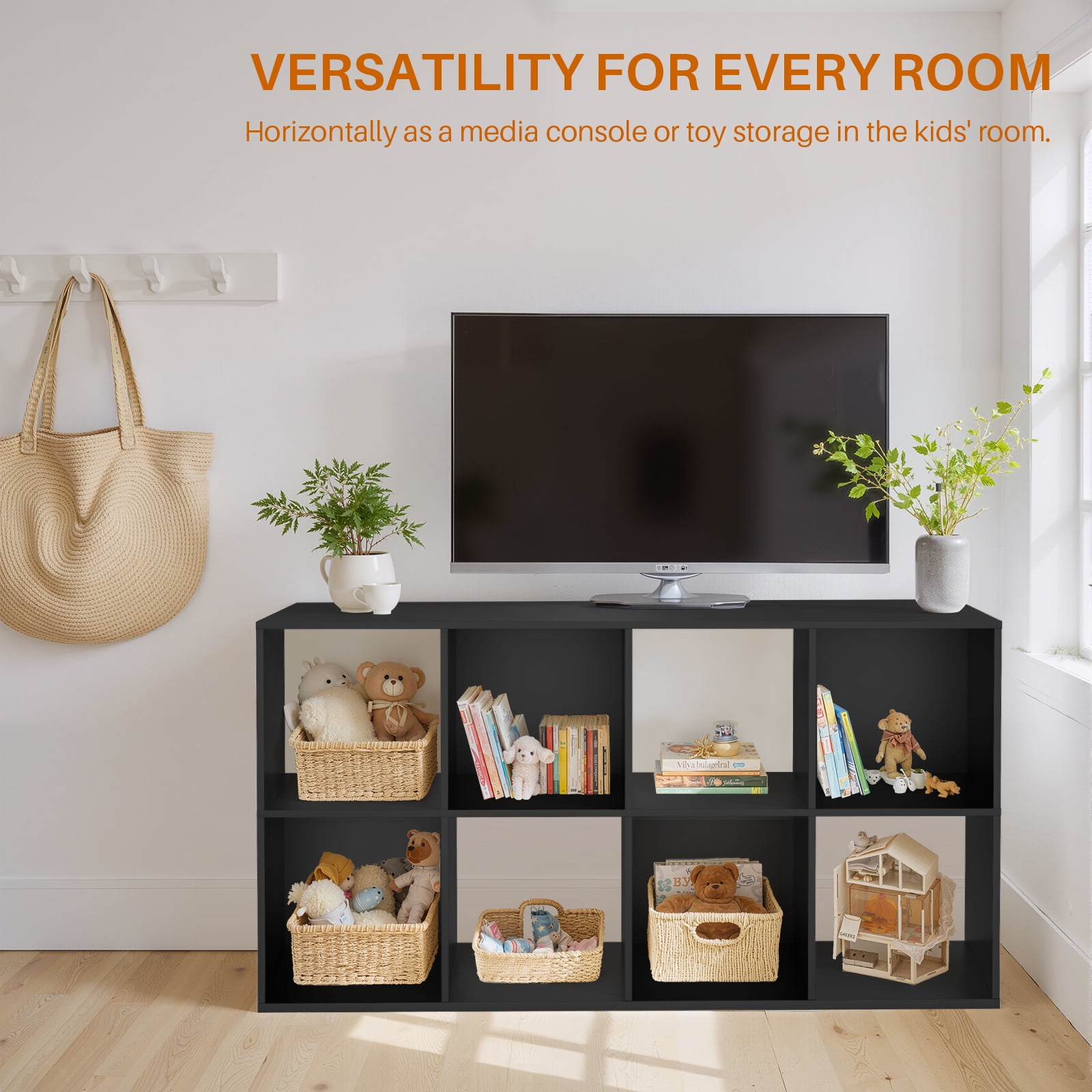 Atilioo 8 Cube Storage Organizer, Open Bookcase, Space-Saving Display Shelf with Removable Back Panels, Easy Assembly, Black