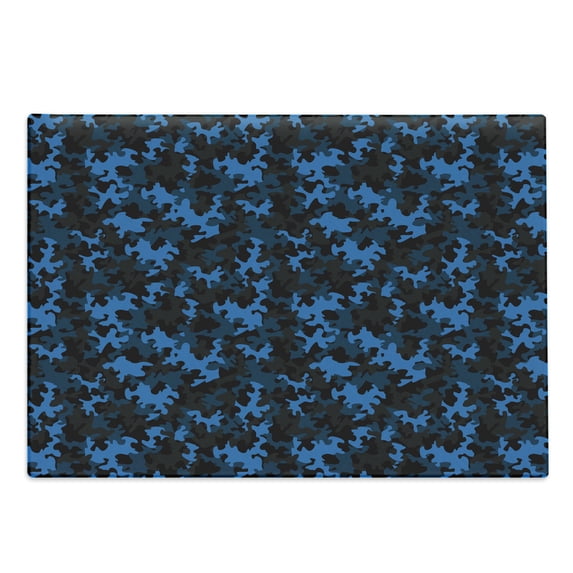 Camouflage Cutting Board, Dark Toned Pattern Equipment and Hiding Uniform Attire Design, Decorative Tempered Glass Cutting and Serving Board, Large Size, Army Green Black and Blue, by Ambesonne