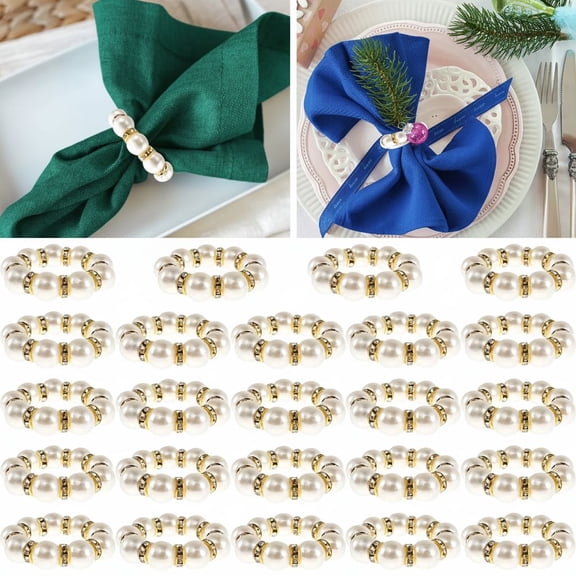 24Pcs Imitation Pearl Napkin Ring Gold Napkin Holder Beaded Serviette Buckles Wedding Table Decor Banquet Dinner Party Supplies with 4cm Stretched Rhinestone Design