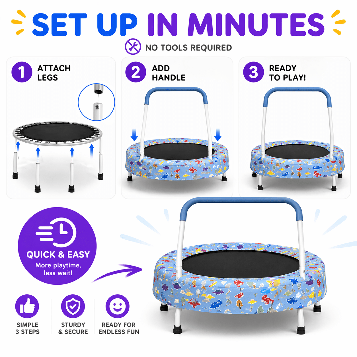 Witaxima 28inch Toddler Trampoline with Handle for Kids 1-4 Years, Indoor/Outdoor Baby Bouncer, Blue Forest, Max Weight 55lbs, Spring-Free Design