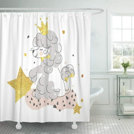 KSADK Pink Beautiful Smiling Cute Dog Poodle with Golden Crown Stars Gold Dots Line Red Shower Curtain 66x72 inch