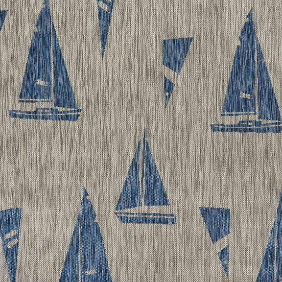 Laddha Home Designs 5' x 7' Gray and Navy Blue Sails Up Rectangular Outdoor Area Throw Rug