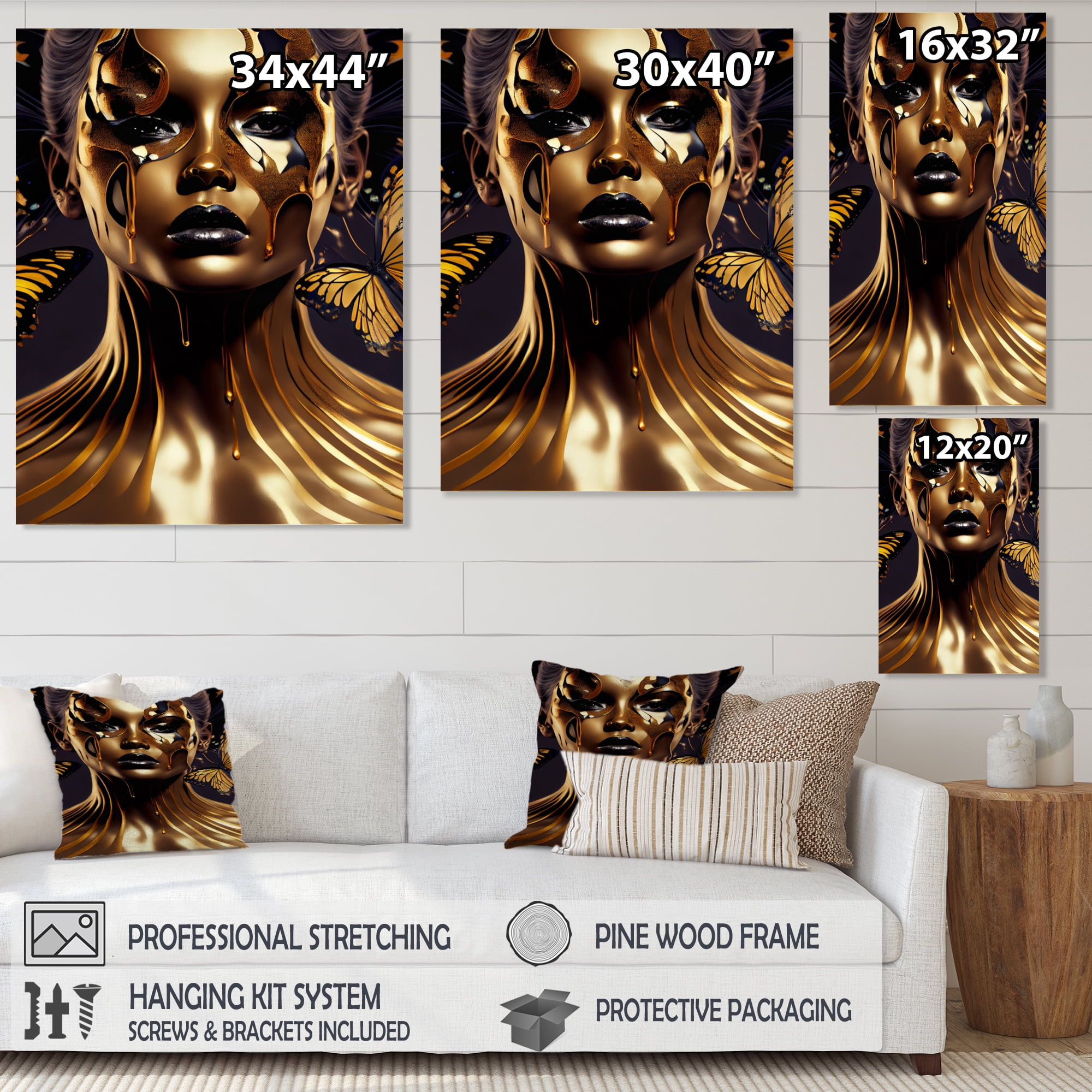 Designart Woman With Black And Gold Butterflies II Canvas Wall Art