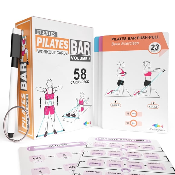 Flexies Pilates Bar Workout Cards - 58 Exercise Cards with Pilates Stick Work Out Postures, Instructions & Breathing Tips | Free Ring & Dry-Erase Marker to Create Your Customize Workout Planner Chart