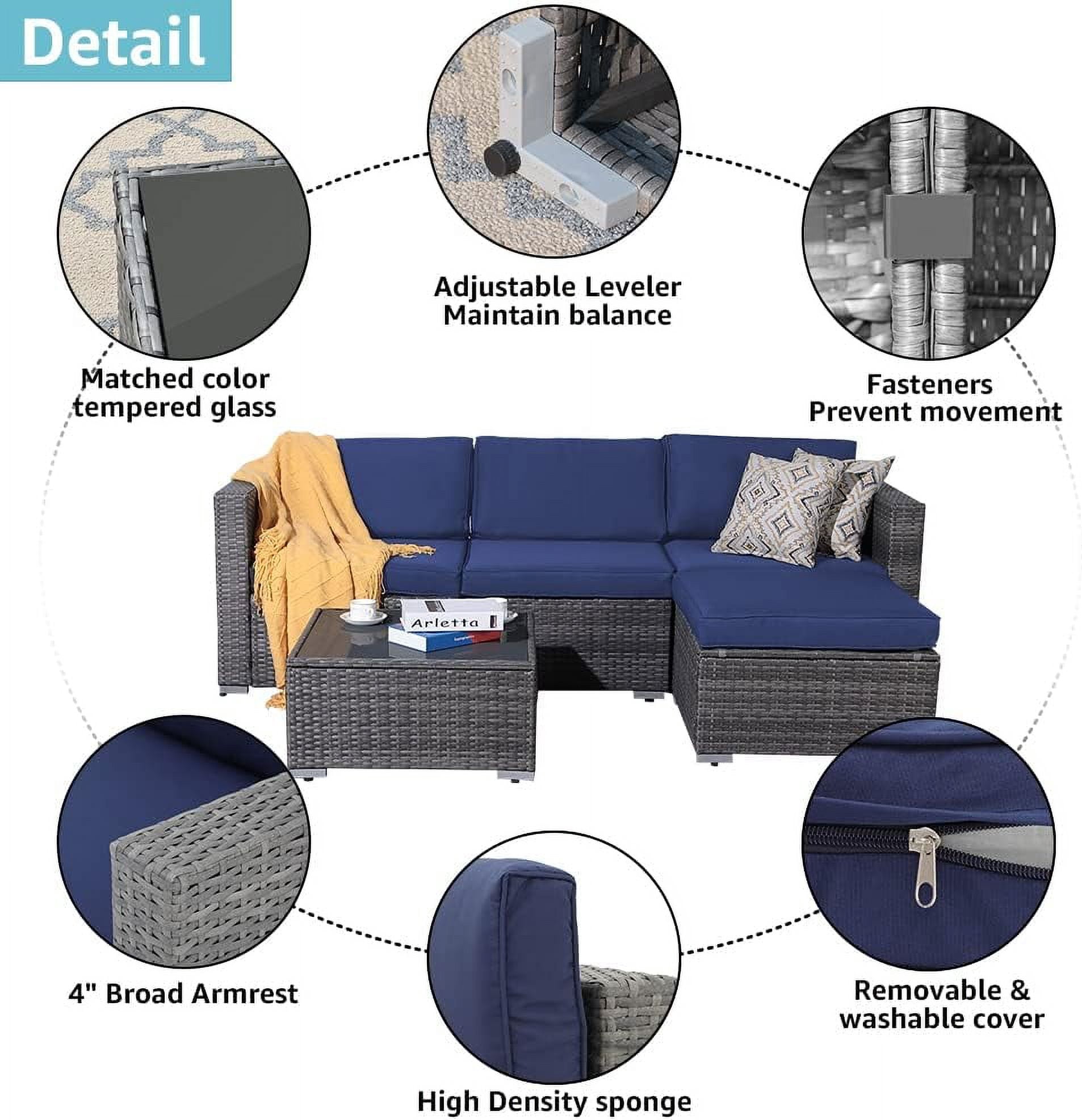 Patiorama 5-Piece Patio Furniture Set, Outdoor Sectional Conversation Set, All-Weather Dark Grey PE Wicker with Navy Blue Cushions, Outdoor Backyard Porch Garden Poolside Balcony