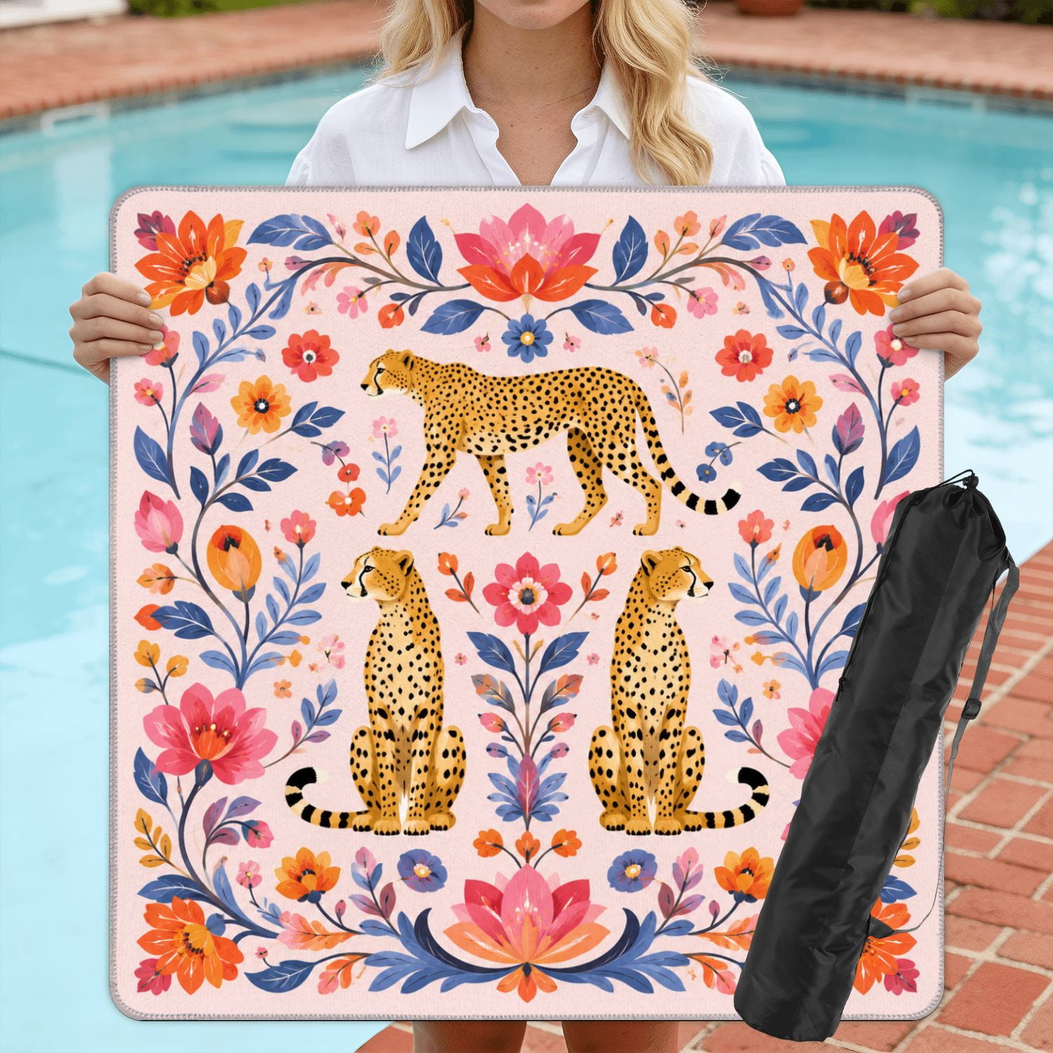Mahjong Mat 31.5" x 31.5" Leopard Floral Vibrant Colors Pink Non-Slip Noise Reduction American Mahjong Tiles Table Cover for Dominoes Poker Card Board Games Gift