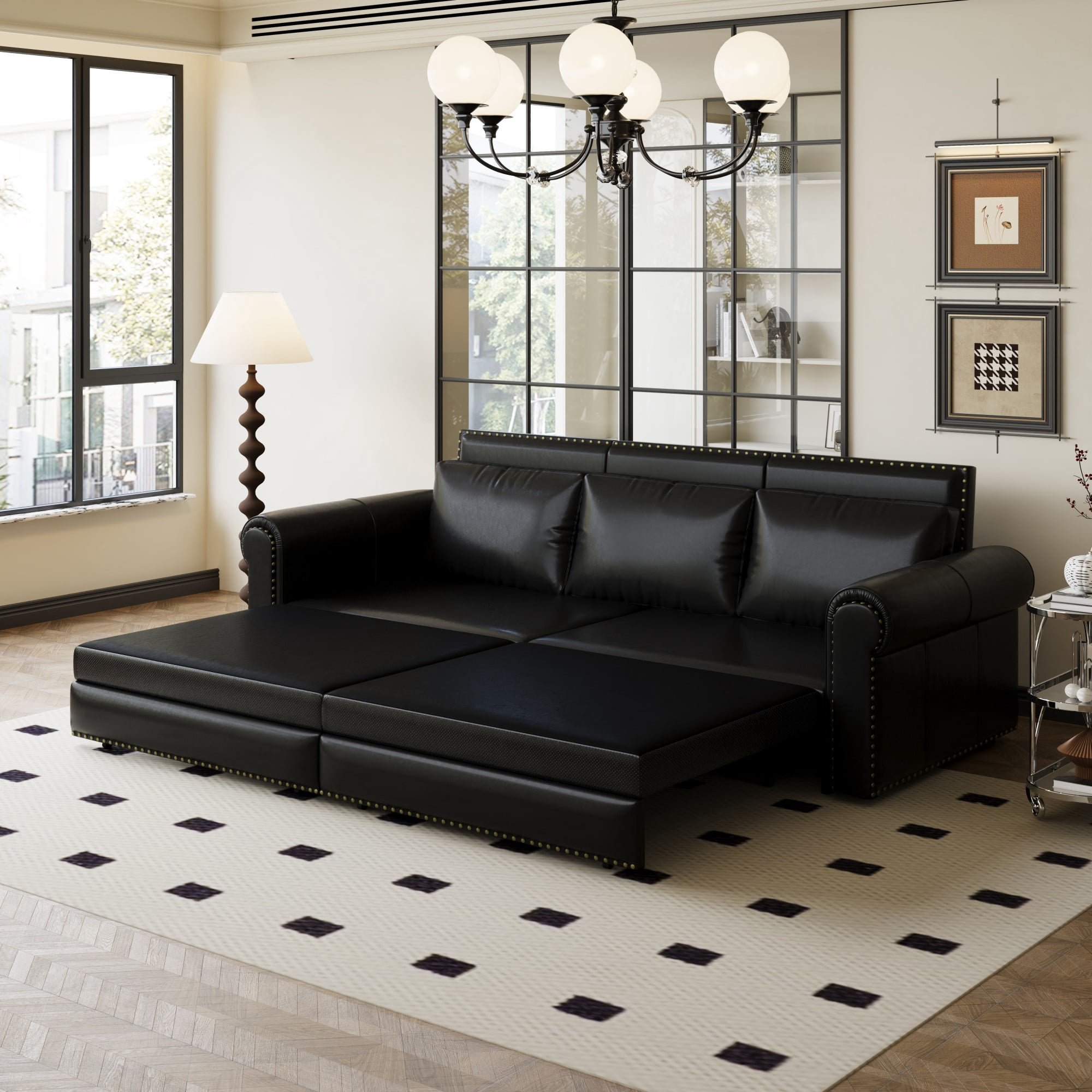 Aukfa 93.7" King Pull Out Sofa Bed, Faux Leather 3-in-1 Convertible Chesterfield Sleeper Sofa Couch with Nailhead Trim & Rolled Arms, Black
