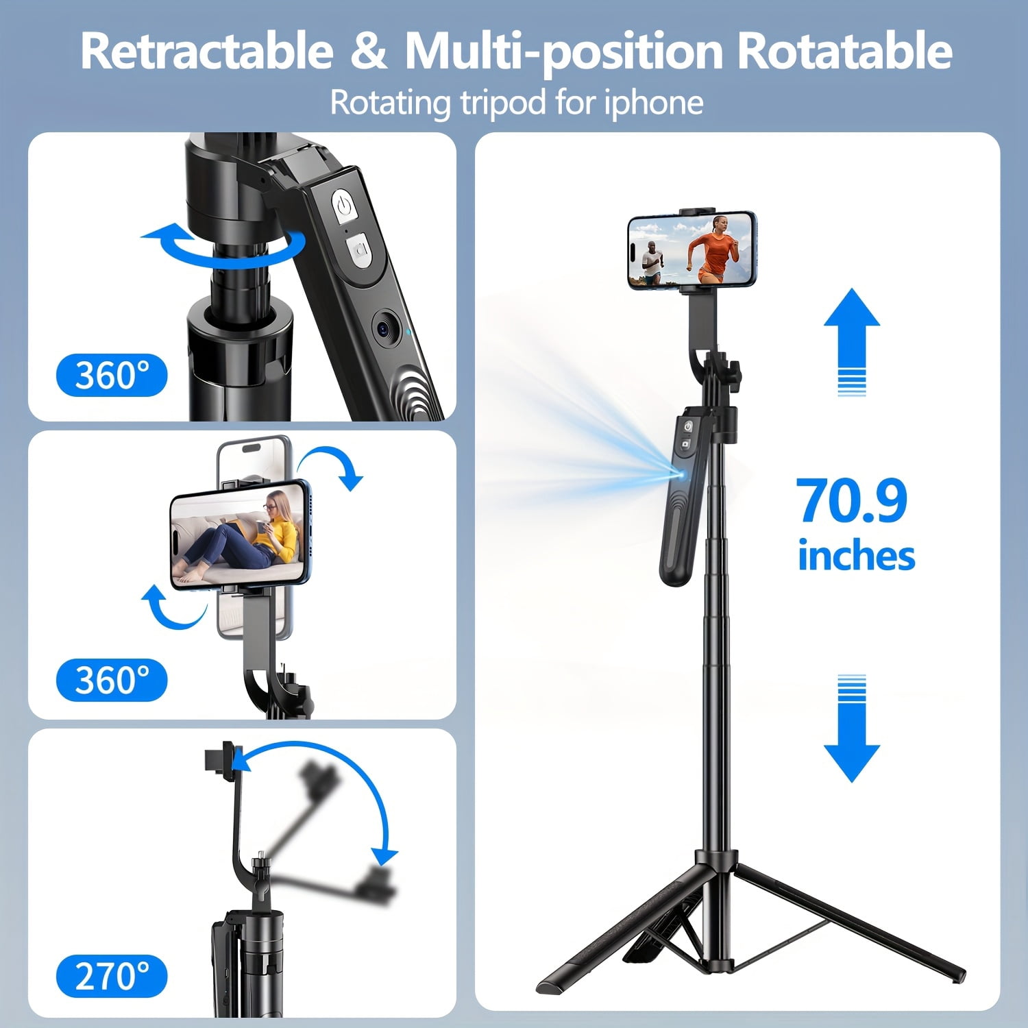 Auto Face Tracking Tripod 360° Rotation with Light, No App, 70.9" Motion Sensor Phone Tripod Stand, Face Body Phone Camera Mount Gesture Control for Vlog/Live Stream/Video Recording
