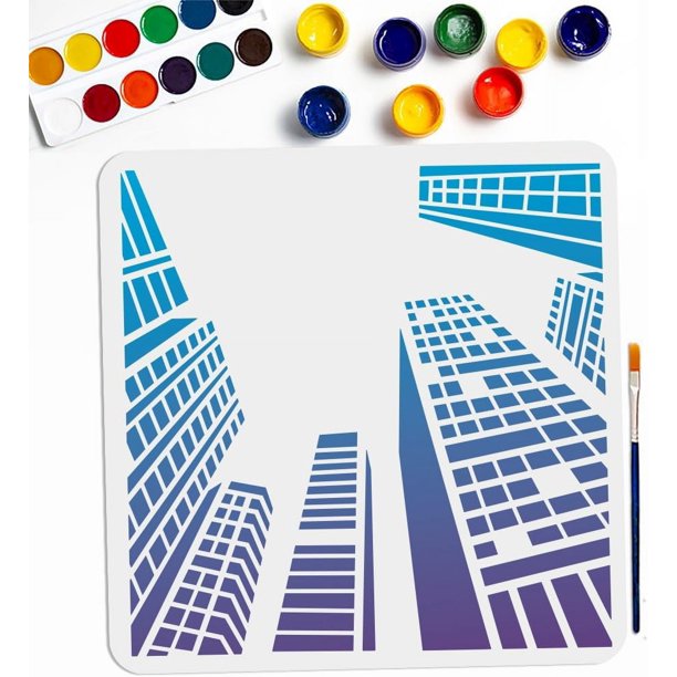 Plantillas de construcción de ciudades de 11,8 × 11,8 pulgadas, plantilla de rascacielos de ciudad grande con pincel, paisaje urbano moderno mirando hacia arriba a edificios altos, plantilla de dibujo