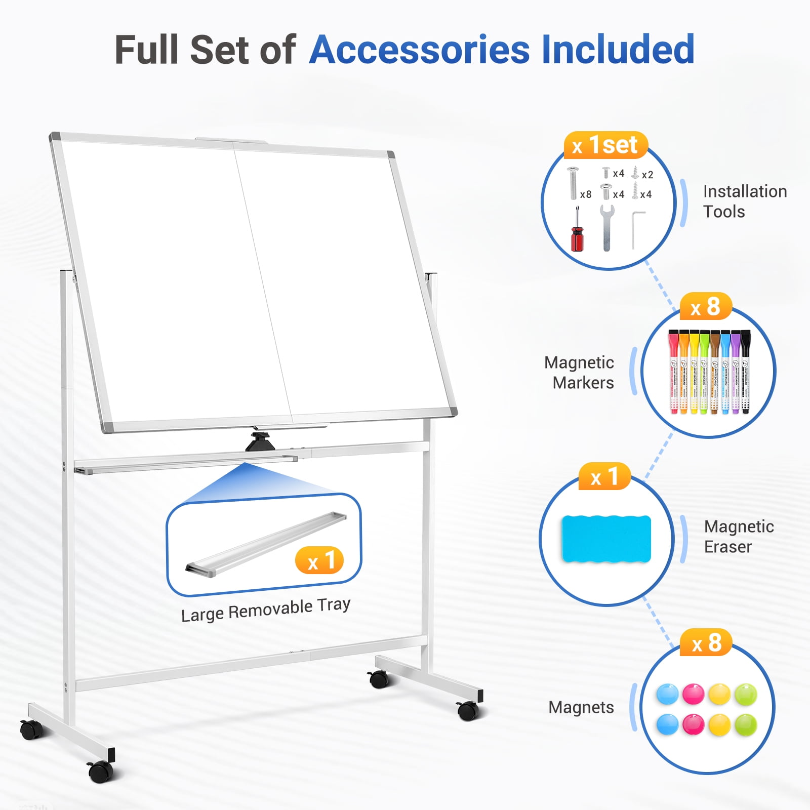 DOLLAR BOSS Rolling White Board Dry Erase Board Rolling 48"x36" Double Sided Large Standing Whiteboard Easel with Wheels Mobile White Board with Stand for Office, Classroom & Home, White