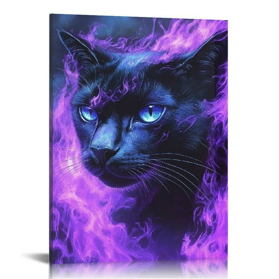 ZFLMY Black Cat Blue Eyes Purple Flames Wall Art Canvas Print On Canvas, Wall Decor for Home Living Room Bathroom Bedroom Office 12x16in