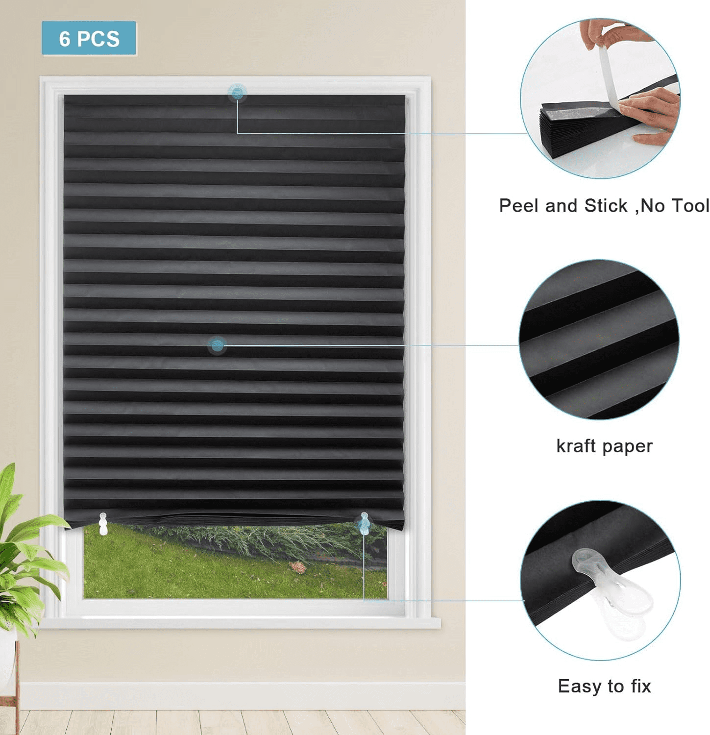 MYshade 6 Pack No Tools Temporary Blackout Paper Shades for Windows(Black, 36" W x 72" H)
