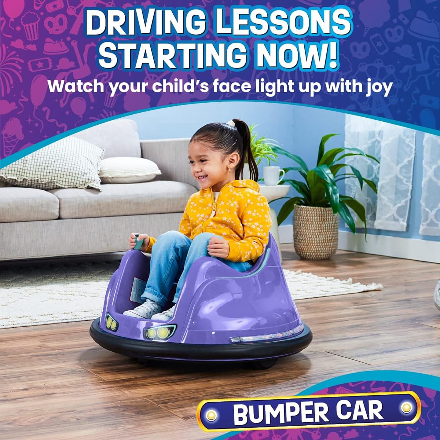 Flybar 6V Bumper Car for Toddlers Purple, Electric Ride on Toy for Kids Ages 1.5-4 w/ LED Lights & Safety Belt, 360 Degree Spin, Max Weight of 66 lbs