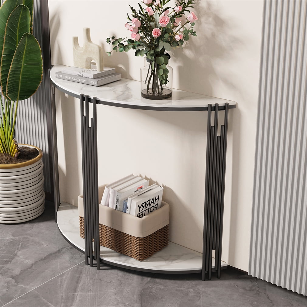 Wisfor Sintered Stone Console Table Entryway Table Black Metal Leg 2 Tier, 39.4x11.8x30.7 inch