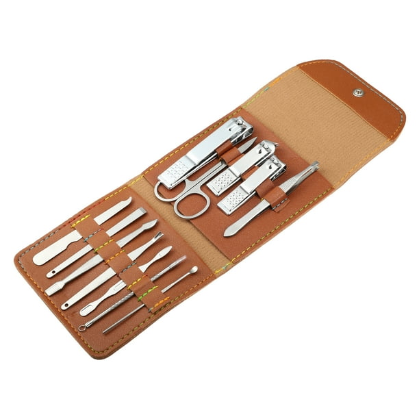 12uds Manicura Juego con Marrón PU Cuero Estuche, Personal Cuidado Herramientas Kits, Inoxidable Acero Pedicura Juego, Cortaúñas Tijeras para Mujer, Plateado Tono