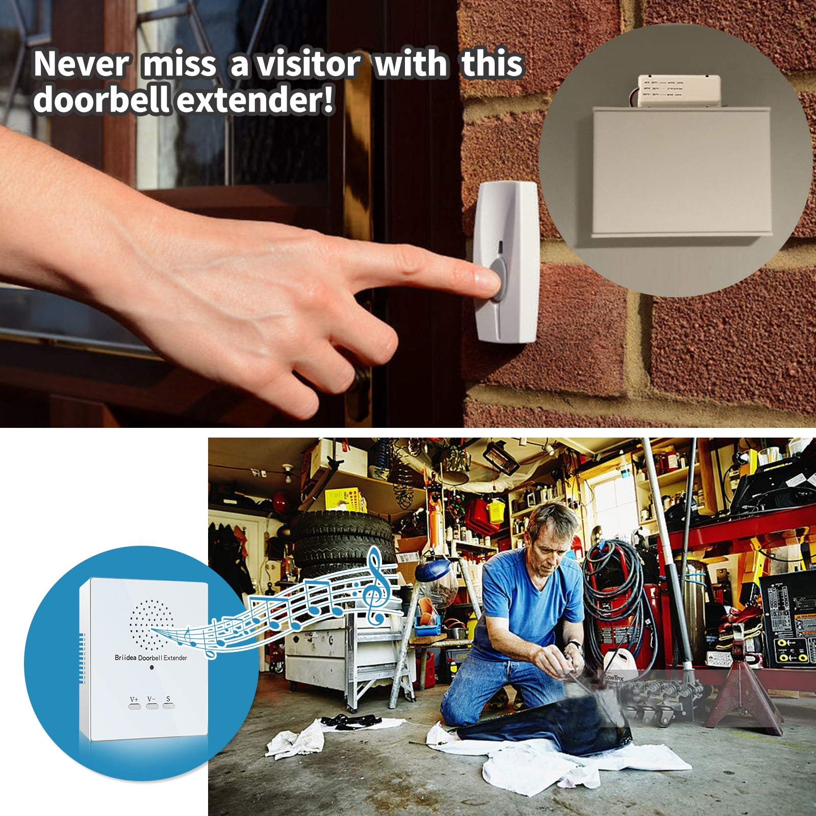Doorbell Extender, Briidea Doorbell Extender for Wired Doorbell, Converts Your Existing Wired Doorbell into Wireless Door Bell, 21 Melody to Choose, 500' Range 105dB for Garage Basement, Dad Gift
