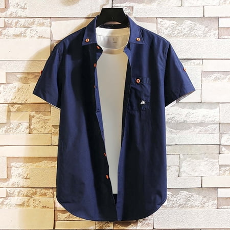 Gyexs Mens Short Sleeve Button Down Shirts Navy Stretchable Linen Shirts Casual Relaxed Fit T-Shirt Formal Men Apparel Size XXL