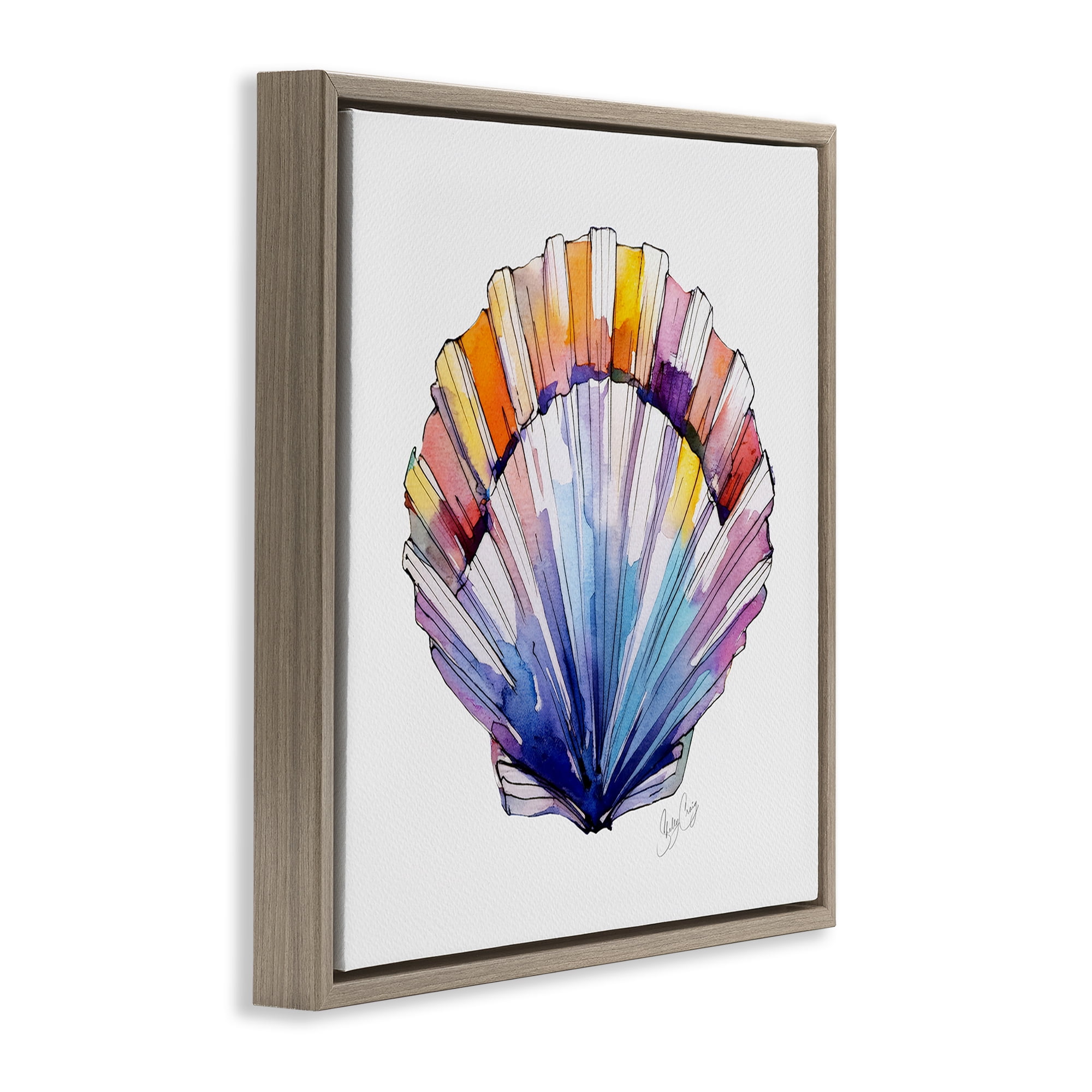 Stupell Industries Coastal Scallop Watercolor Brown Framed Floater Canvas Wall Art, design by Shelly Craig