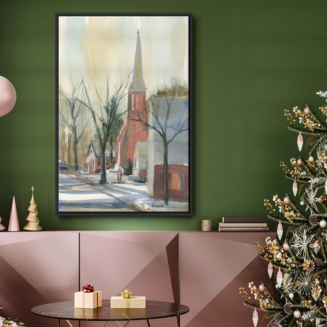 New England Main Street - Framed Gallery Wrapped Holiday Canvas - 27 x 41 - Black Frame