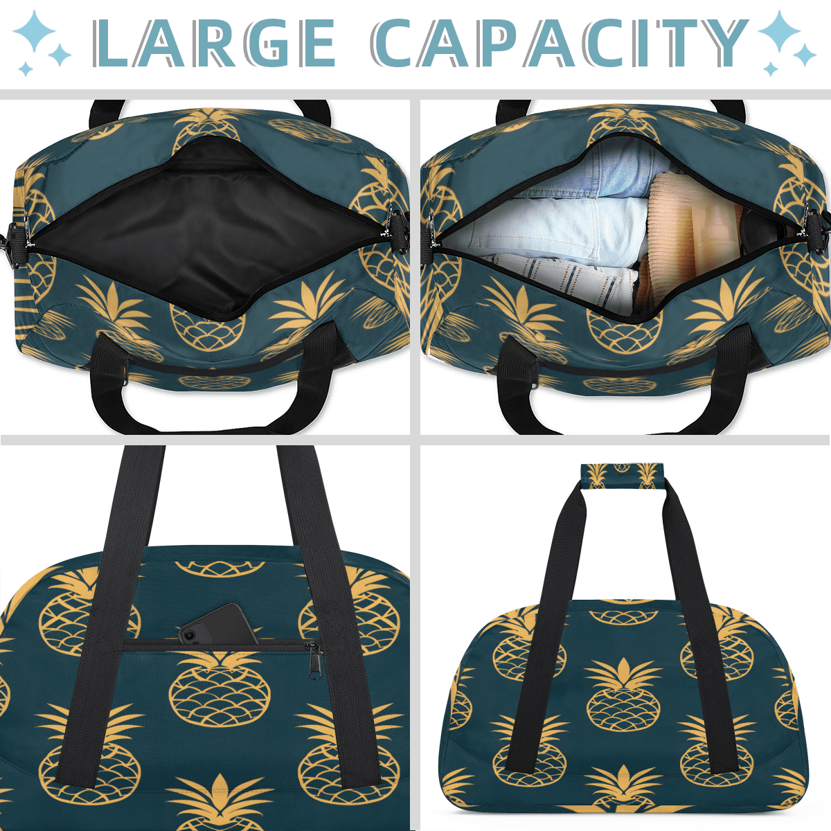 Herdesigns Pineapple Sports Duffle Bag for Women & Men, Golden Gym Bag Dance Bag Overnight Bag Carry On Weekender Travel Bag