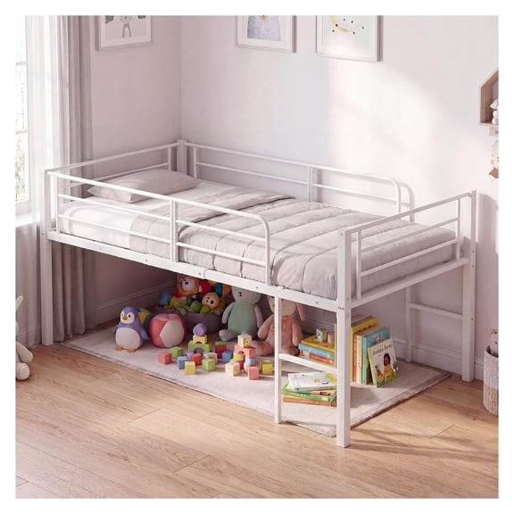 Twin Size Low Loft Bed, Heavy Duty Metal Bed Frame with Safety Guardrails & 2 Ladders, Space Saving Loft Bed with Under-Bed Space for Boys Girls Junior, No Box Spring Needed (White)