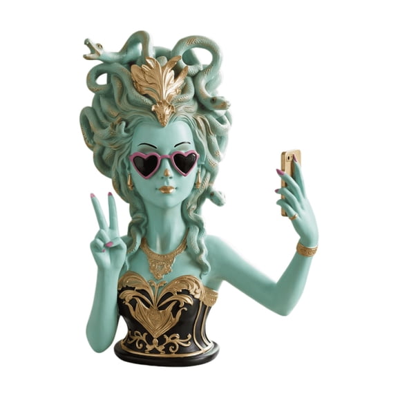 Cute Selfie Medusa Decorative Bust Statue Mint Green Gold Resin Figurine Stable Base Tabletop Ornament Ideal for Desk Vanity Living Room Home Aesthetic Decoration