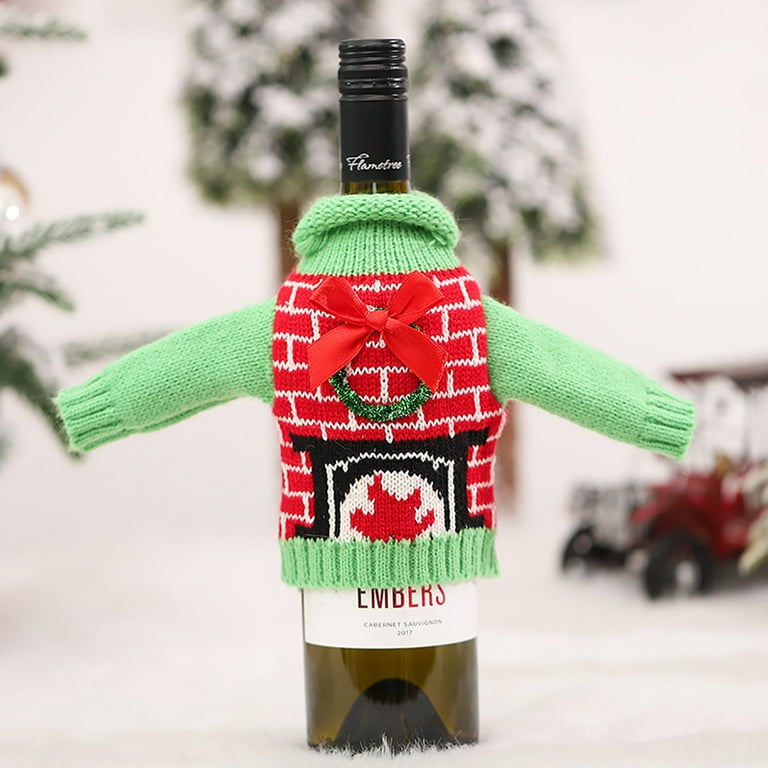 Walbest Knitted Sweater Wine Bottle Cover Christmas Pattern Decor Knitted Fabric Cartoon Garland Elk Wine Bottle Wear Dress Up Xmas Party Table