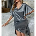 thumbnail image 4 of Women Nightshirt Short Sleeve Sleepwear V Neck Nightgown Pure Colour Pajama Dress Blue L, 4 of 8