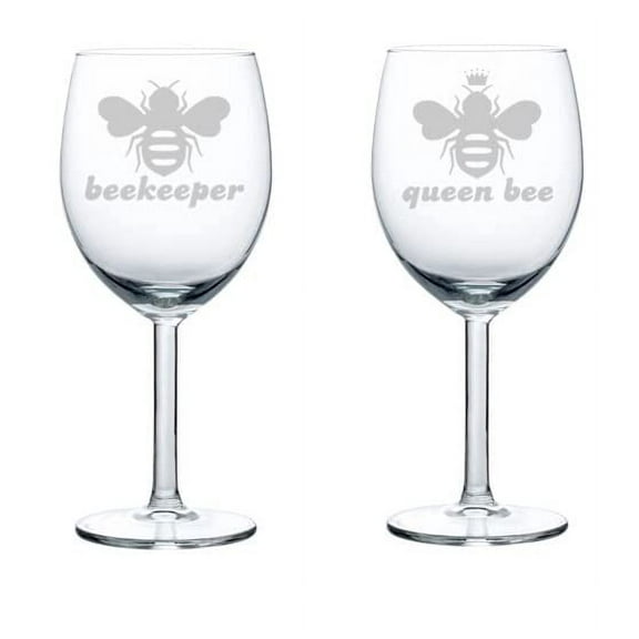 Set of 2 Wine Glass Goblet Queen Bee Beekeeper Funny Couple His and Her Gift Engagement Anniversary Wedding Bride Groom (10 oz)
