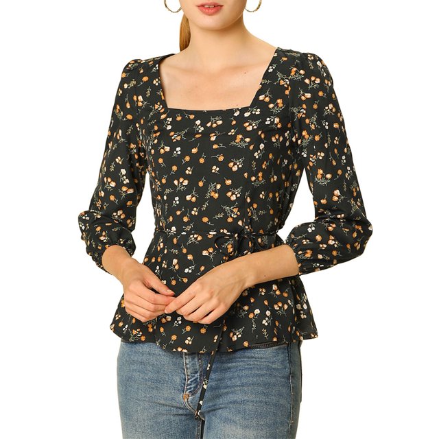 Unique Bargains Blouse à Manches Longues à Encolure Carrée à Fleurs pour Femmes