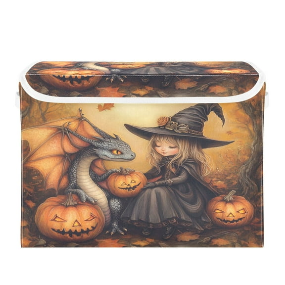 WOBOGO Little Witch and Her Dragon Large Collapsible Storage Box Flip Lid Fabric Decorative Organizer Container Basket with Handles 16.5×12.6×11.8in