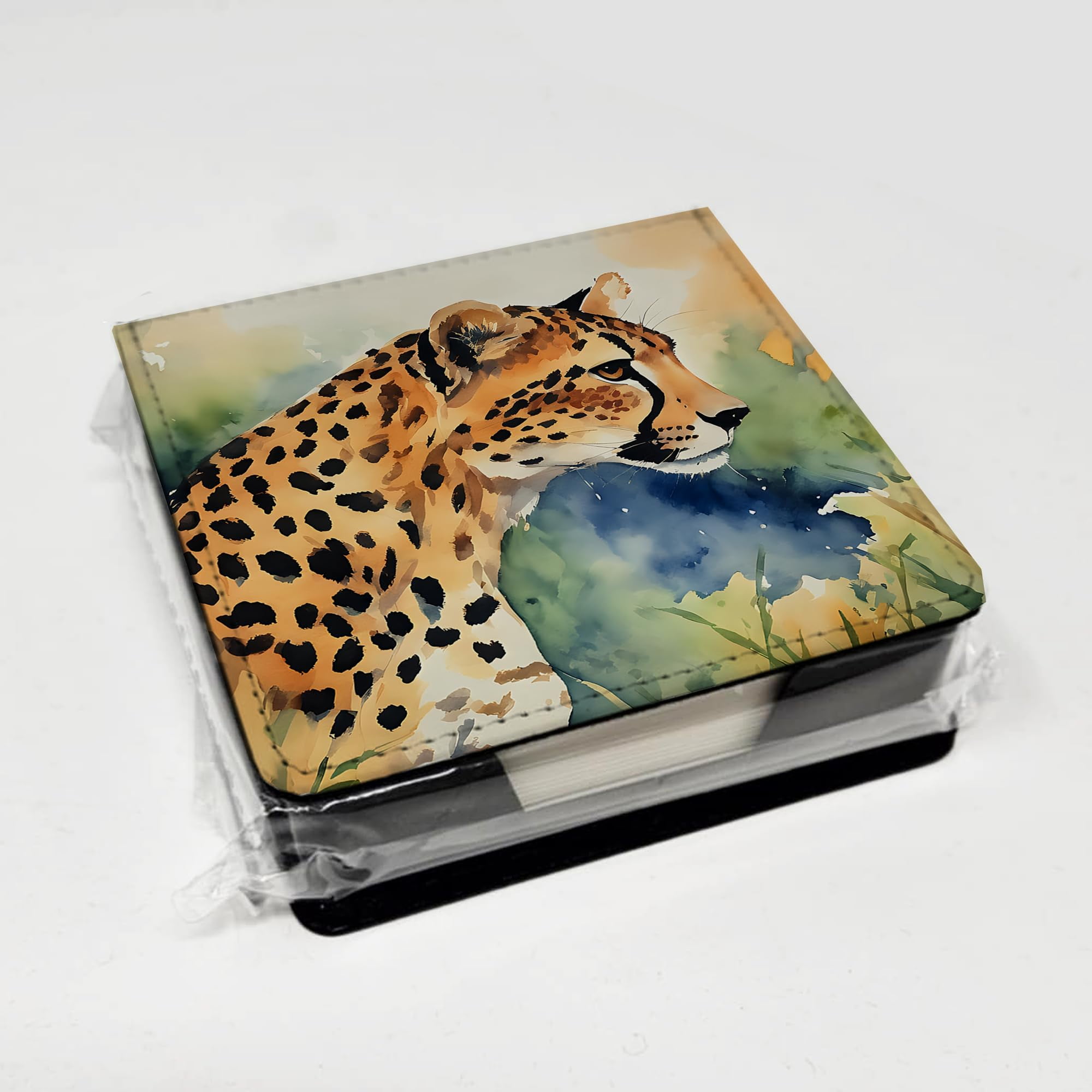 Caroline's Treasures Cheetah PU Leather Note Paper Holder with Artist-Designed Cover, Desk Accessory, Office Gift