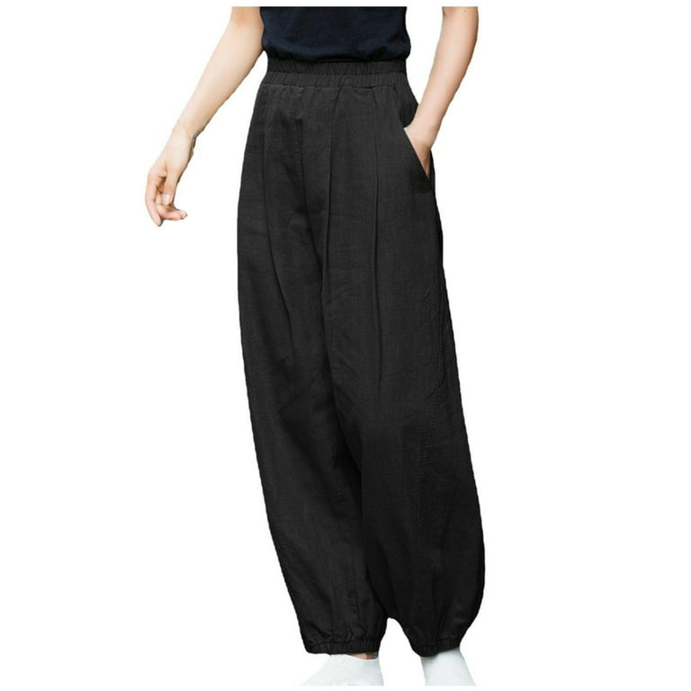 Zodggu Womens Cotton And Linen Pants Summer Casual Slim High Elastic Waist  Full Length Long Pants Solid Color Sports Active Young Girl Fashion Bottoms  Black 12 