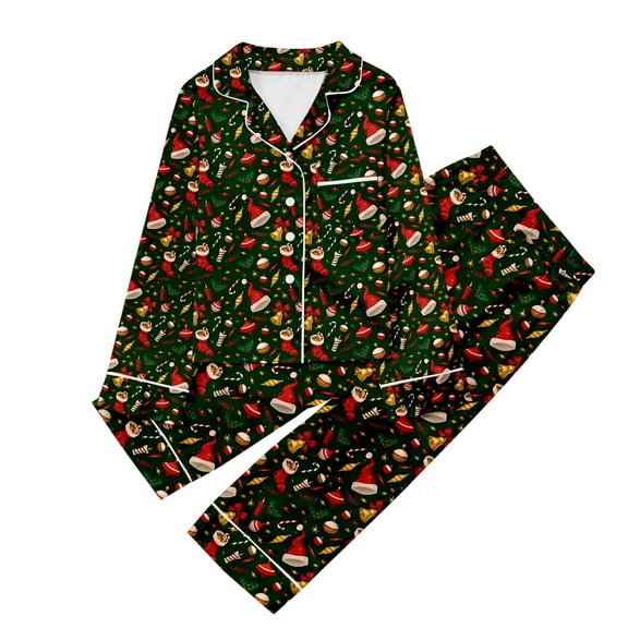 SGMVNU Christmas Pajamas for Kids Boys Children's Casual Printed Button Down Lapel Long Sleeve Top and Pants Pajamas Set(Size 9-10 Years,Dark Green)