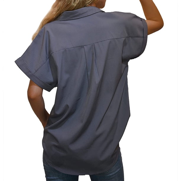 Jumpingount Camisa informal para mujer, blusa con botones y cuello en V de Color sólido con bolsillo, fiesta de vacaciones en la playa, banquete, Top de Prendas para la parte del cuerpo Gris M Jumpingount AP010575-07