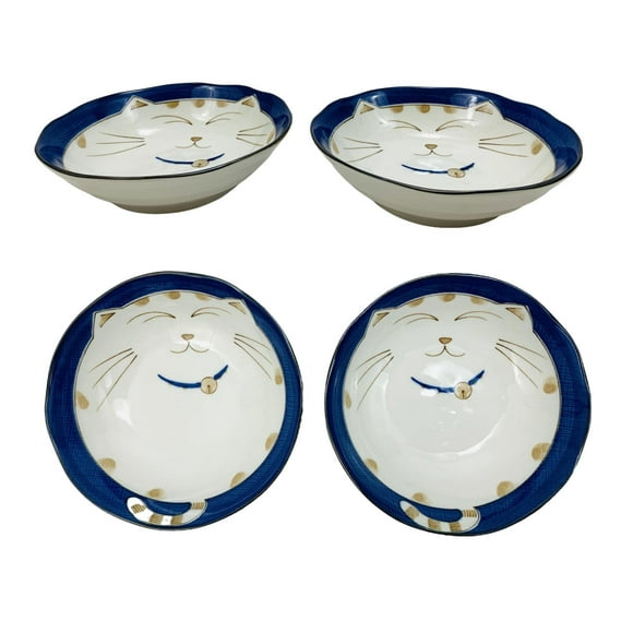 JapanBargain 2562, Japanese Porcelain Coupe Bowl Soup Bowl Cereal Bowl Rice Bowl Salad Bowl, Blue Color Maneki Neko Smiling Lucky Cat Pattern, Made in Japan, 6-1/2 inch, Pack of 4