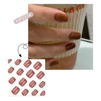 24PCS Red Brown French Classic Glue on Nails Set for Women Girls,Short Square Fake Nails Acrylic Shine Glossy Stick on Nails for Office Daily Wedding,Full Nail Wrap Gift for Valentine Holiday