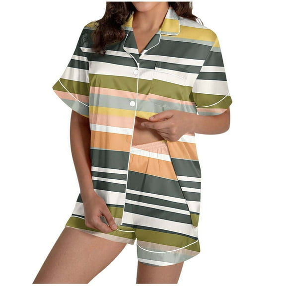 Levmjia Womens Pajama 2 Piece Set Lapel Printed Short Sleeve and Shorts With Pocket Sleepwear Soft Comfortable Casual Outfit Home Daily Wear