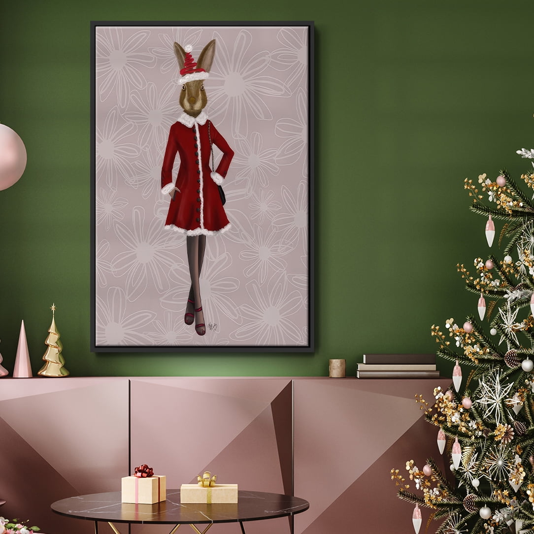 Christmas Christmas Fashion Bunny - Framed Gallery Wrapped Holiday Canvas - 25 x 37 - Black Frame