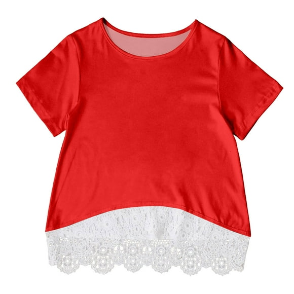 FhsagQ Tops Shirts for Girls Size 10-12 Shirts for Teen Kids Girls Child Short Sleeve Lace T Shirt Trendy Girls Fans Gift Tops Christmas Shirts for Girls 11-12 Red 4-5 Years