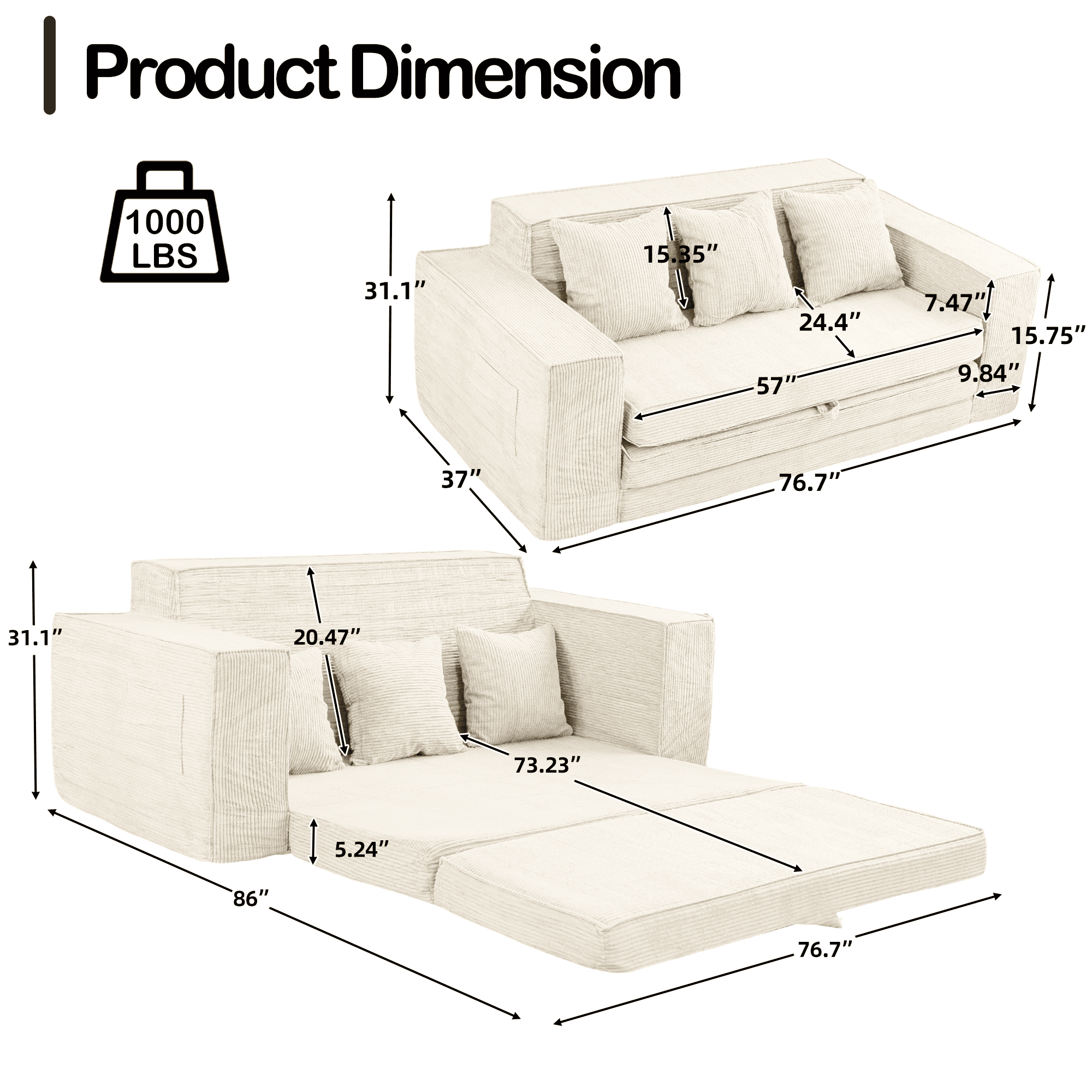 Vicluke Convertible Memory Foam 3-seat Sofa & Loveseat, Pull Out Sleeper Sofa Bed, 2 in 1 Folding Couch Bed, Fold Out Floor Couch Corduroy Fabric with Pillows for Living Room Bedroom Lounge(Beige)