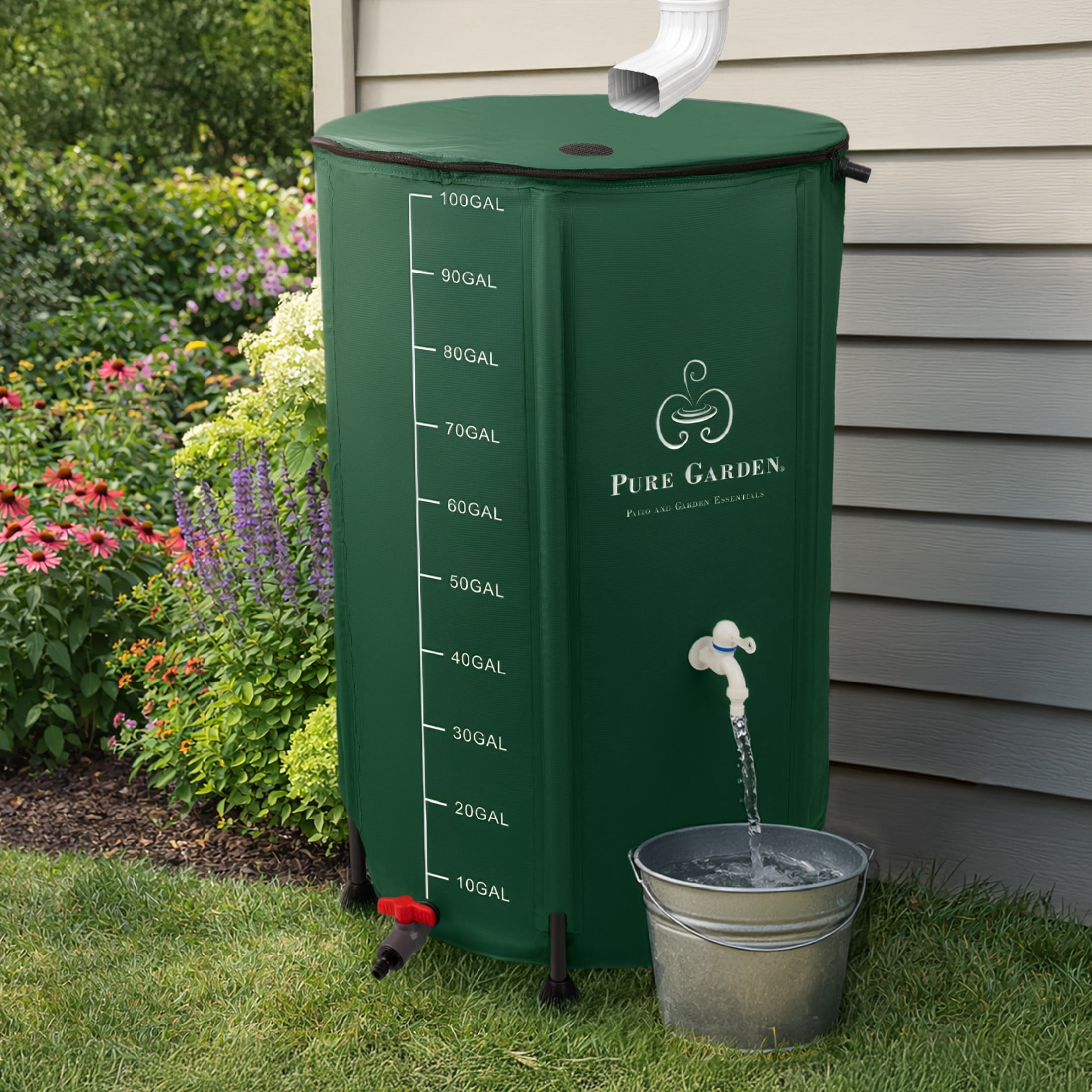 Pure Garden Collapsible Rain Barrel Kit - 100 Gal PVC Rain Collection System with Filter