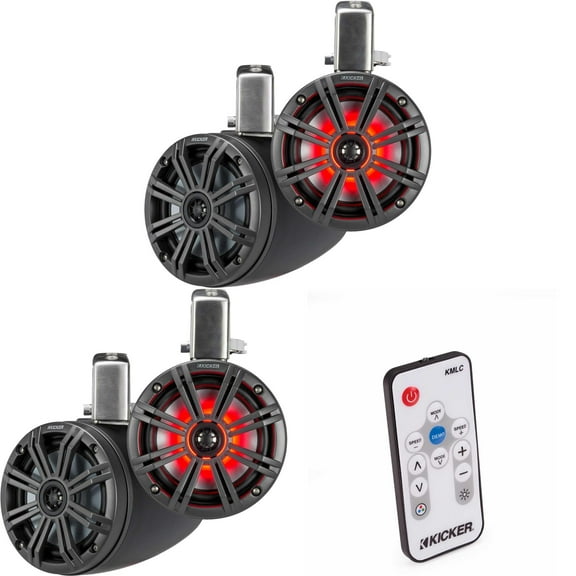 Kicker ( 2 Pair ) KMTC65 6.5" Loaded Marine Wake Tower Enclosures with 45KM654L Speakers - Charcoal Grills with Black Enclosures ( Includes LED Remote )