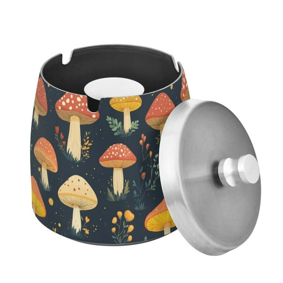 Yayeee Ashtray with Lid for Cigarette Smokeless Stainless Steel Home Ash Holder, Black Mushroom Pattern