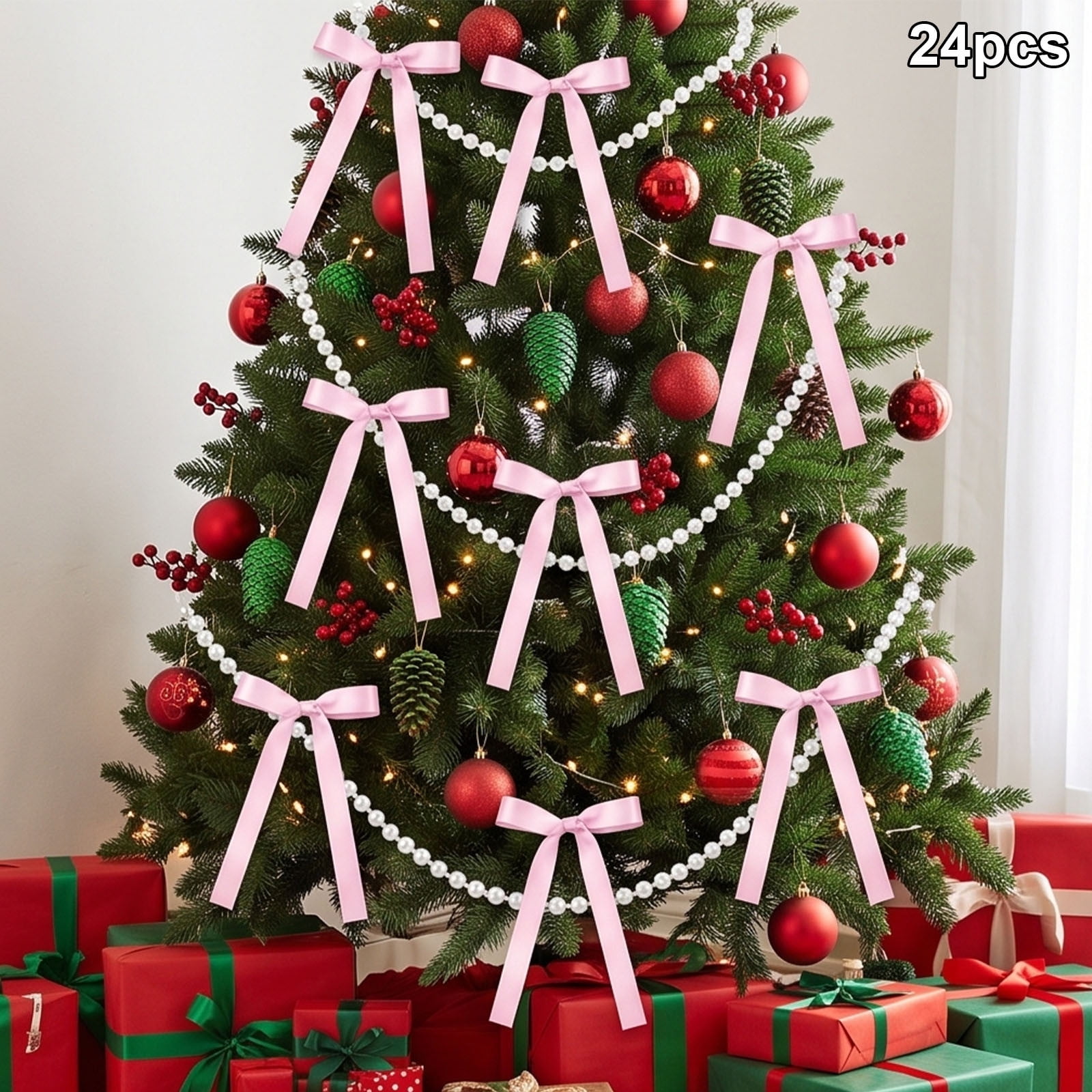 Christmas Bow Ornaments 24 Pcs Satin Bow Decor Set with 10m Bead Chain DIY Xmas Tree Wreath Porch Mantel Fireplace Decoration