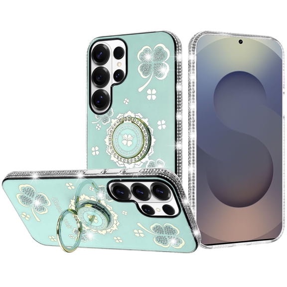 For Samsung s26 Ultra Splendid Glitter with Diamonds All Around Edges Ring Stand Case Cover - Teal