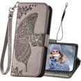 thumbnail image 1 of Funda tipo cartera para iPhone 11, con tapa tipo libro, diseño de mariposa en relieve, de piel sintética, con función atril, ranuras para tarjetas de crédito, correa de muñeca magnética desmontable, 1 of 8
