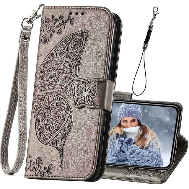 Funda tipo cartera para iPhone 11, con tapa tipo libro, diseño de mariposa en relieve, de piel sintética, con función atril, ranuras para tarjetas de crédito, correa de muñeca magnética desmontable